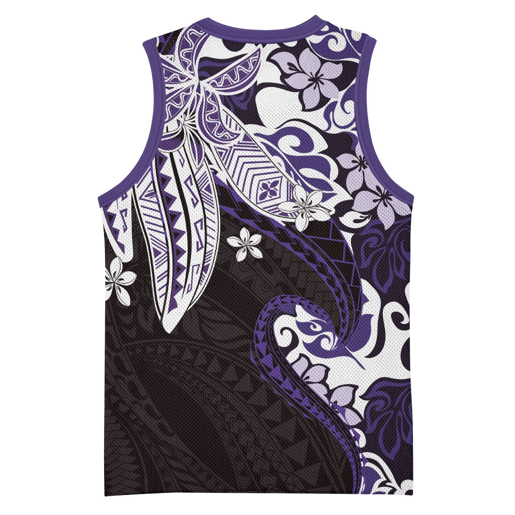 Monstera Plumeria Flowers Purple Basketball Jersey Polynesian Pattern