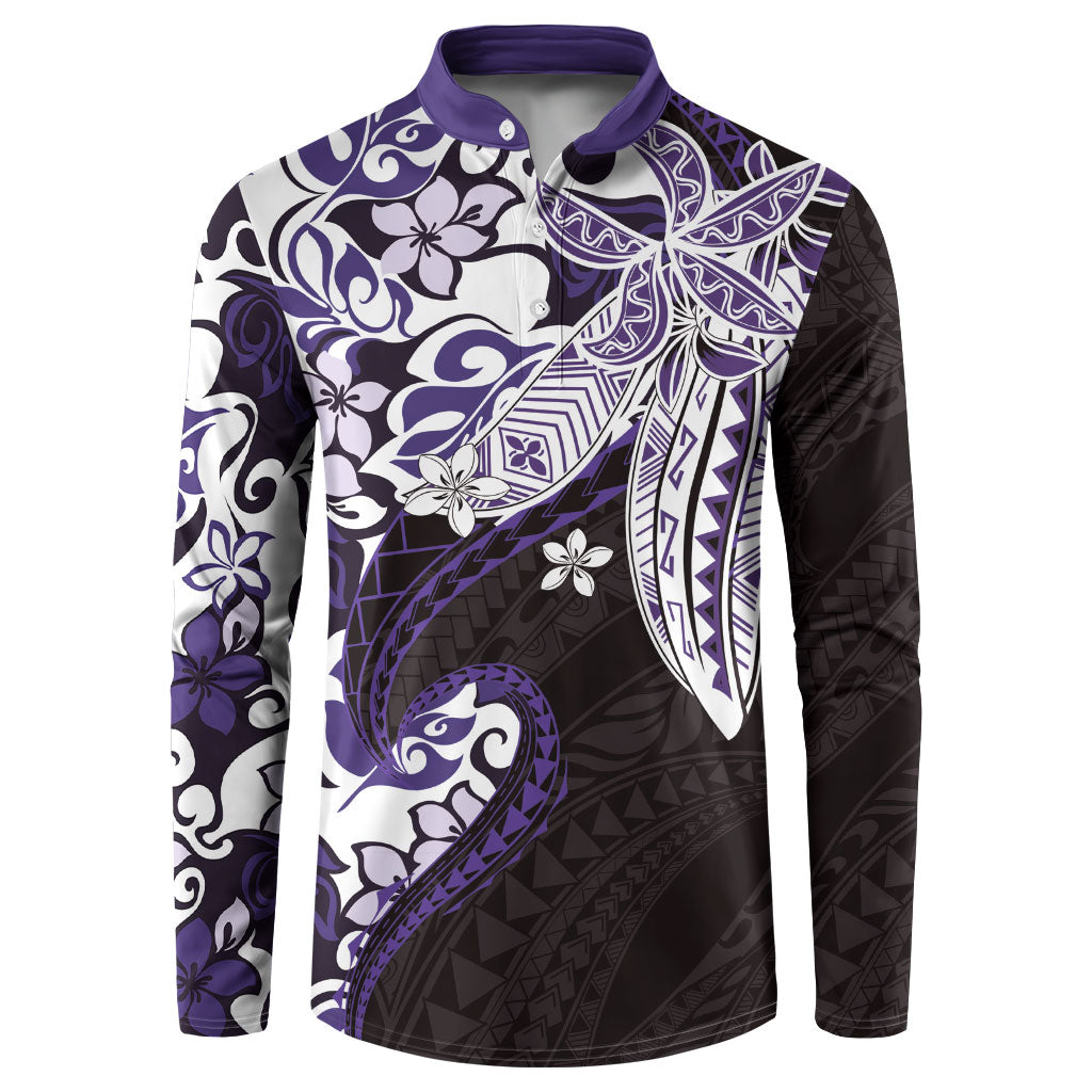 Monstera Plumeria Flowers Purple Button Sweatshirt Polynesian Pattern