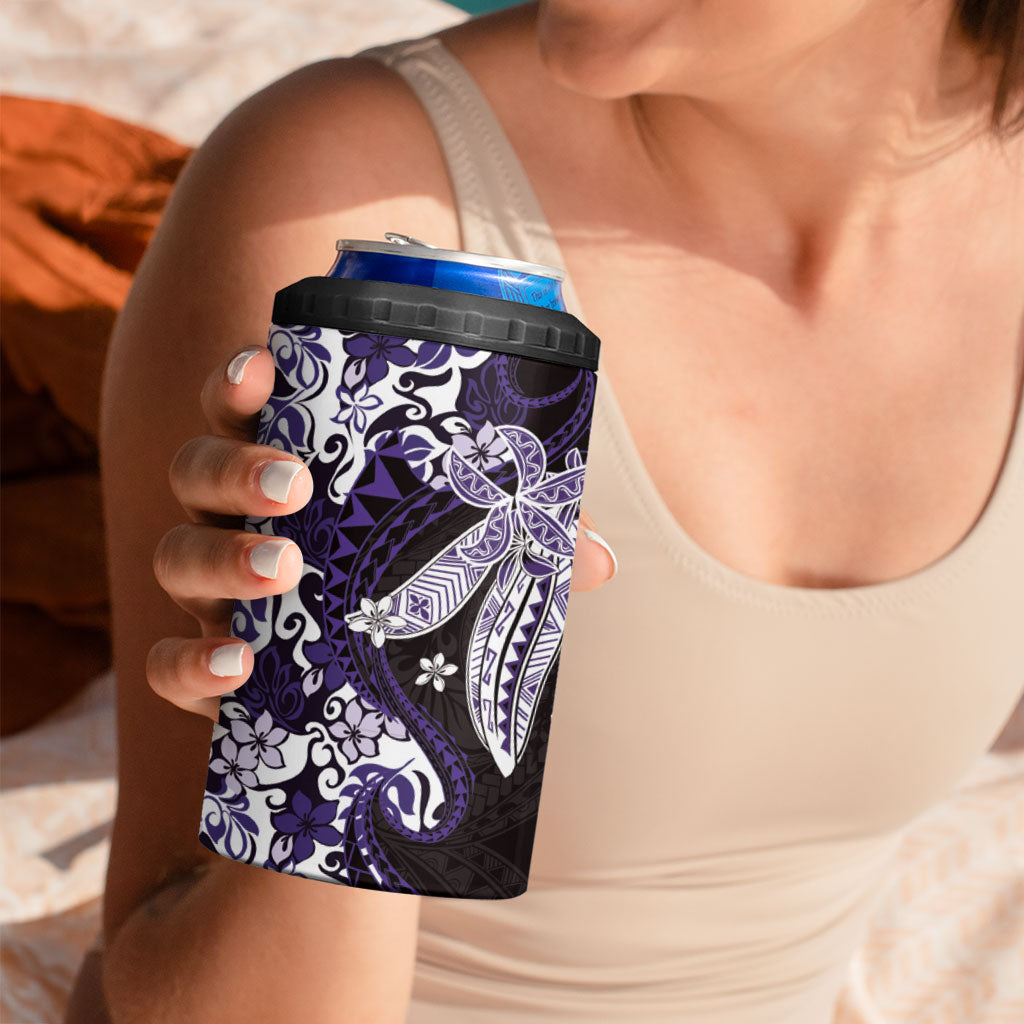 Monstera Plumeria Flowers Purple 4 in 1 Can Cooler Tumbler Polynesian Pattern