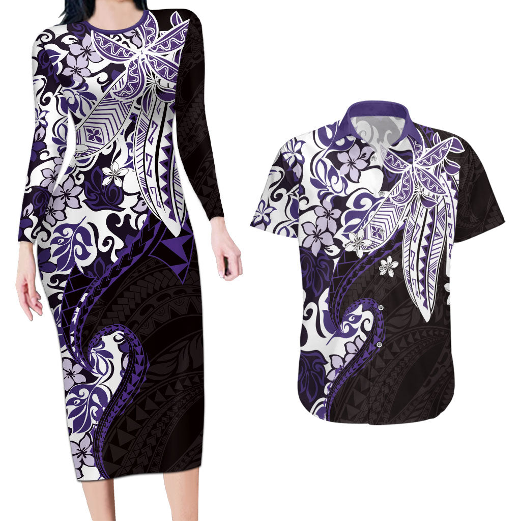 Monstera Plumeria Flowers Purple Couples Matching Long Sleeve Bodycon Dress and Hawaiian Shirt Polynesian Pattern