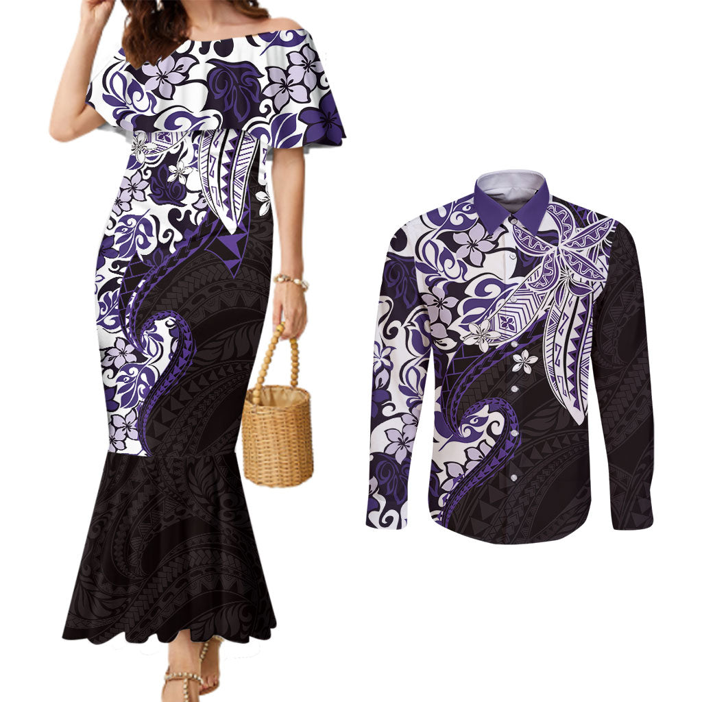 Monstera Plumeria Flowers Purple Couples Matching Mermaid Dress and Long Sleeve Button Shirt Polynesian Pattern