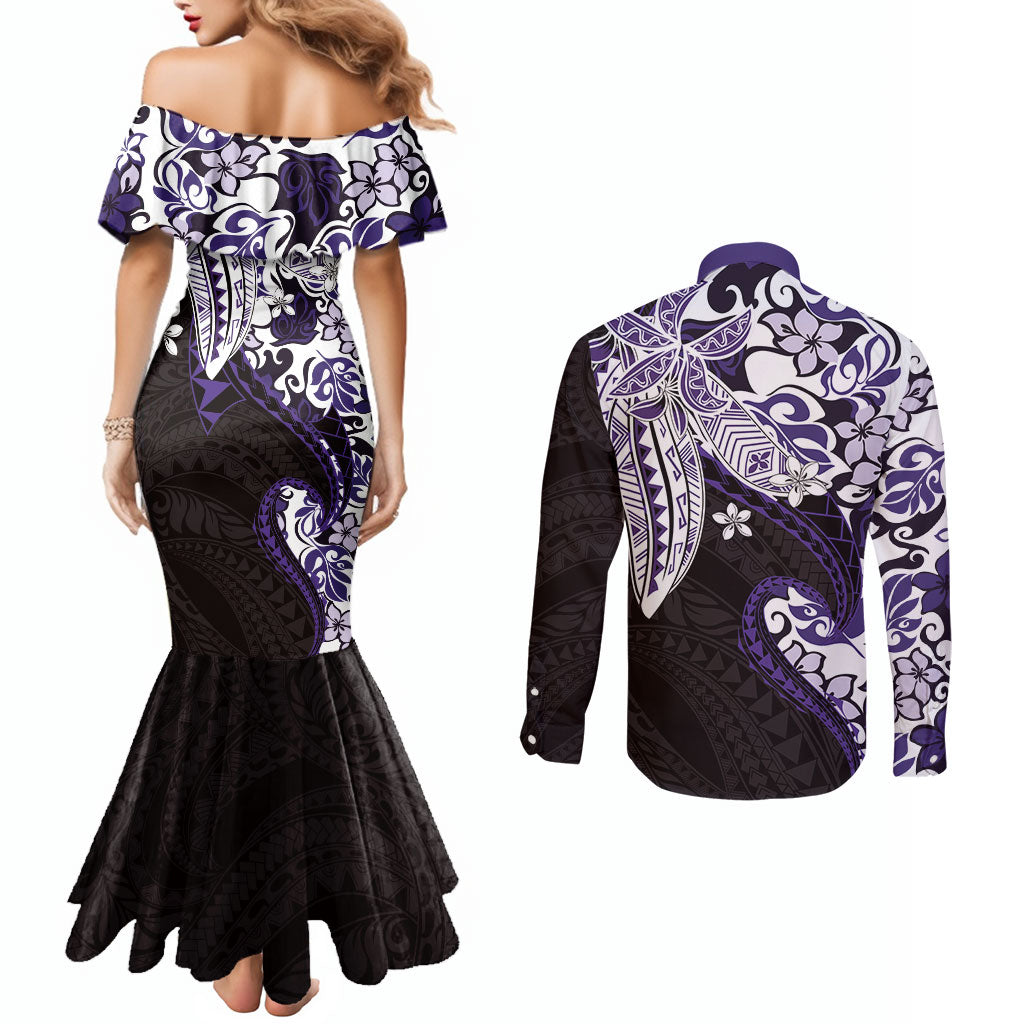 Monstera Plumeria Flowers Purple Couples Matching Mermaid Dress and Long Sleeve Button Shirt Polynesian Pattern