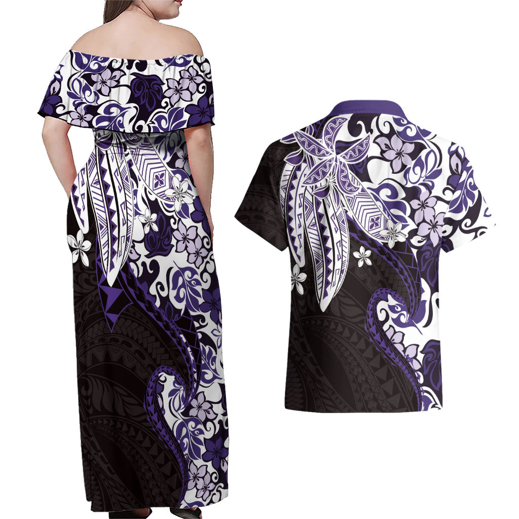 Monstera Plumeria Flowers Purple Couples Matching Off Shoulder Maxi Dress and Hawaiian Shirt Polynesian Pattern