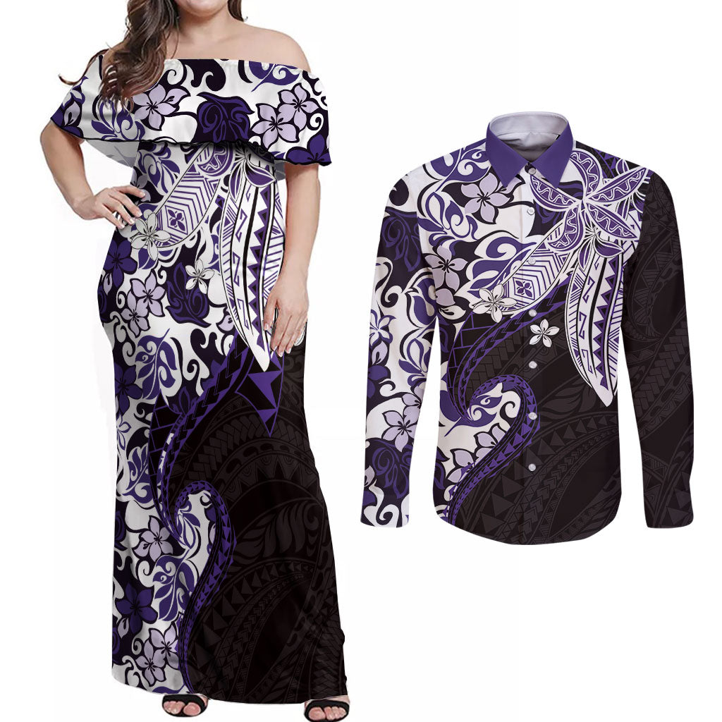 Monstera Plumeria Flowers Purple Couples Matching Off Shoulder Maxi Dress and Long Sleeve Button Shirt Polynesian Pattern