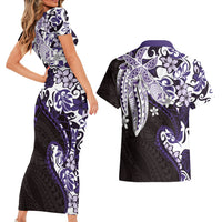 Monstera Plumeria Flowers Purple Couples Matching Short Sleeve Bodycon Dress and Hawaiian Shirt Polynesian Pattern