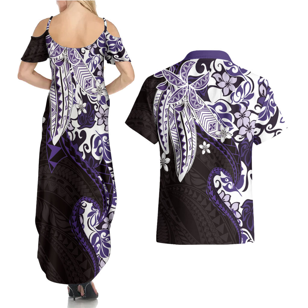 Monstera Plumeria Flowers Purple Couples Matching Summer Maxi Dress and Hawaiian Shirt Polynesian Pattern