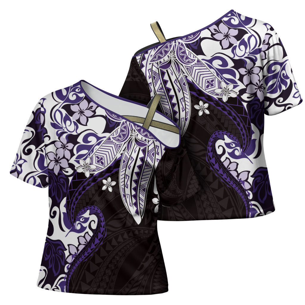 Monstera Plumeria Flowers Purple Cross Shoulder Shirt Polynesian Pattern