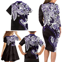 Monstera Plumeria Flowers Purple Family Matching Long Sleeve Bodycon Dress and Hawaiian Shirt Polynesian Pattern LT01 - Polynesian Pride