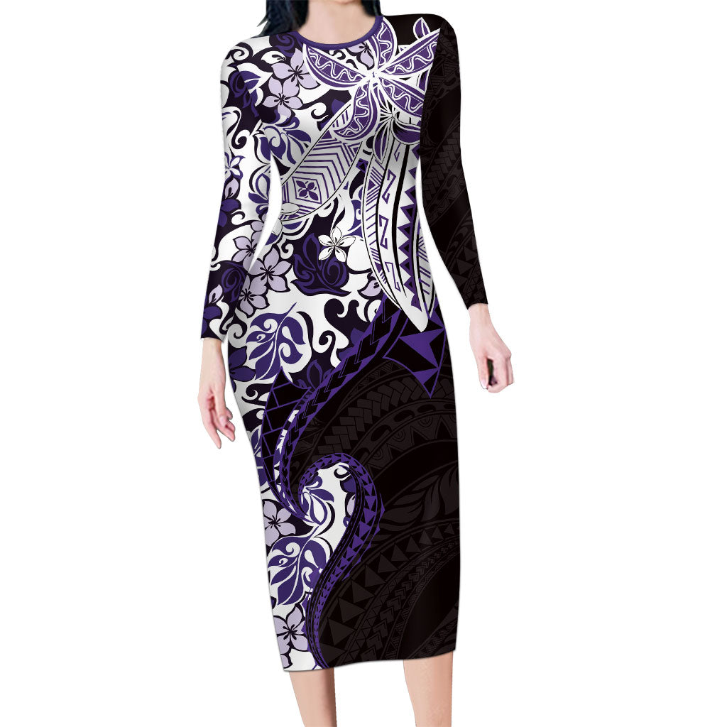 Monstera Plumeria Flowers Purple Family Matching Long Sleeve Bodycon Dress and Hawaiian Shirt Polynesian Pattern LT01 Mom's Dress Purple - Polynesian Pride