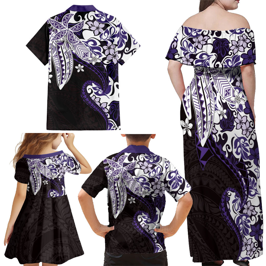 Monstera Plumeria Flowers Purple Family Matching Off Shoulder Maxi Dress and Hawaiian Shirt Polynesian Pattern