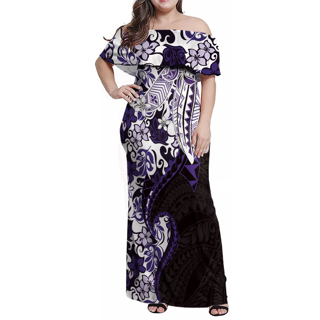 Monstera Plumeria Flowers Purple Family Matching Off Shoulder Maxi Dress and Hawaiian Shirt Polynesian Pattern