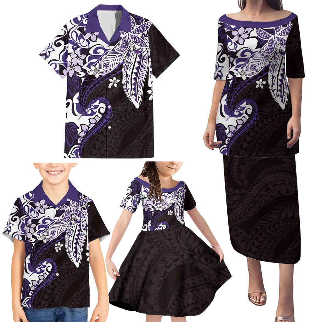 Monstera Plumeria Flowers Purple Family Matching Puletasi and Hawaiian Shirt Polynesian Pattern