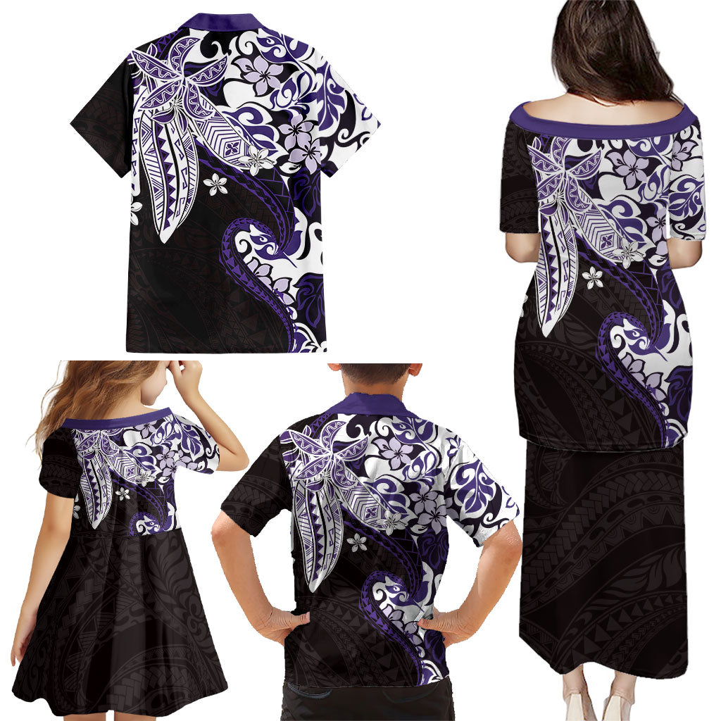 Monstera Plumeria Flowers Purple Family Matching Puletasi and Hawaiian Shirt Polynesian Pattern