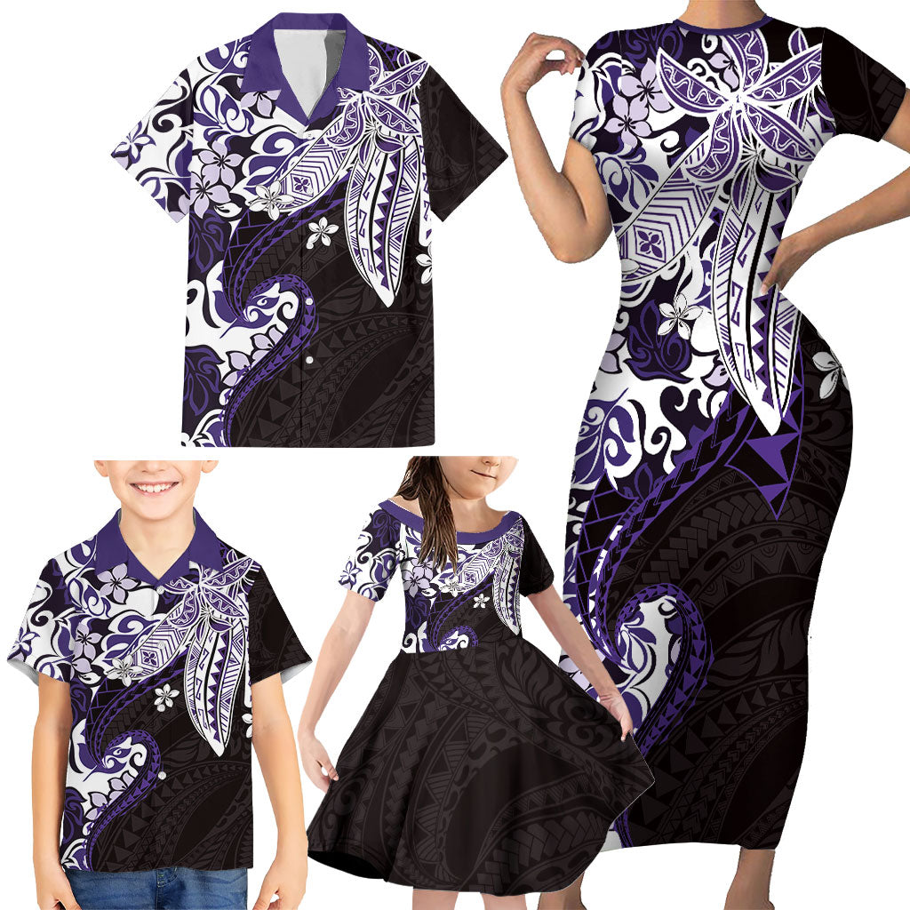 Monstera Plumeria Flowers Purple Family Matching Short Sleeve Bodycon Dress and Hawaiian Shirt Polynesian Pattern LT01 - Polynesian Pride