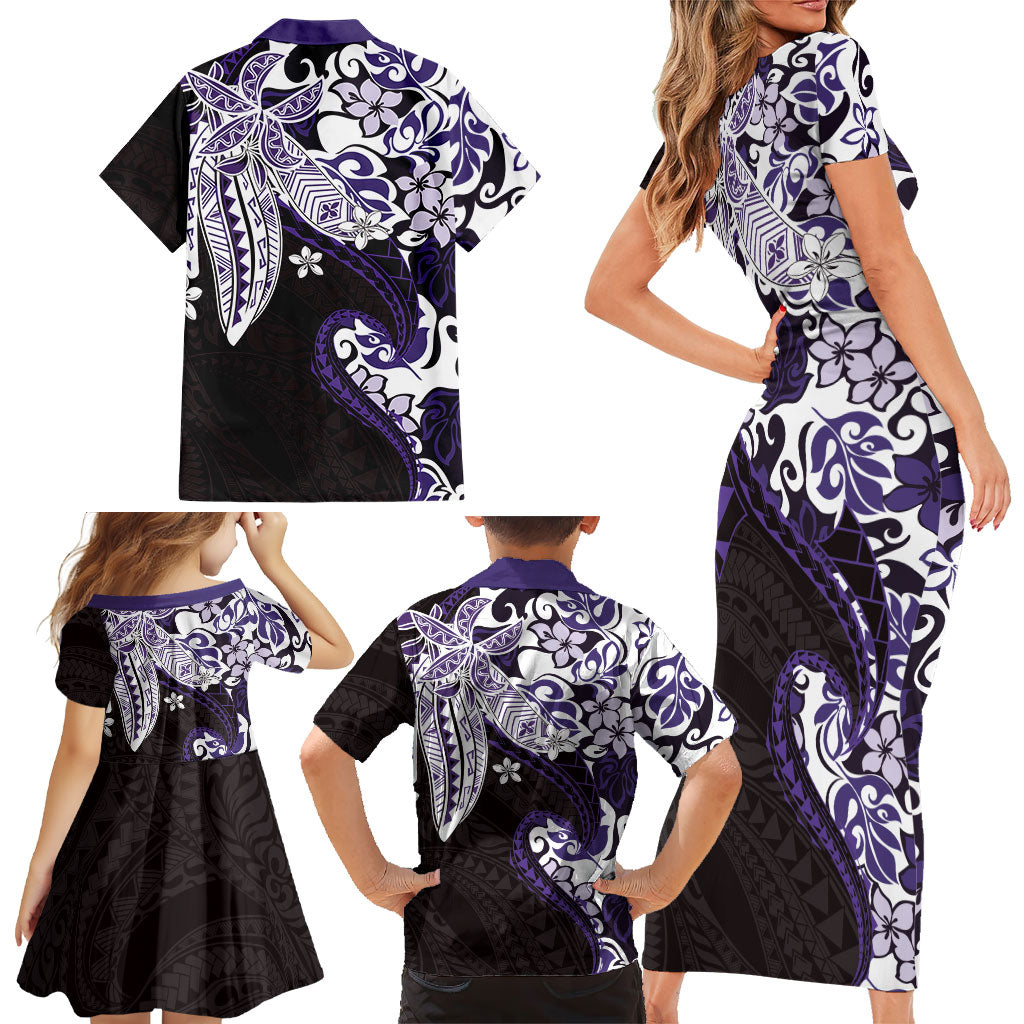 Monstera Plumeria Flowers Purple Family Matching Short Sleeve Bodycon Dress and Hawaiian Shirt Polynesian Pattern LT01 - Polynesian Pride