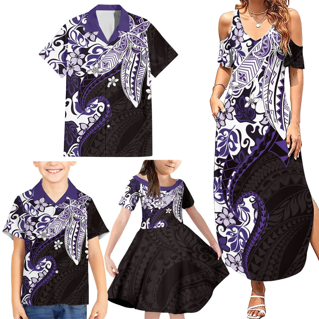 Monstera Plumeria Flowers Purple Family Matching Summer Maxi Dress and Hawaiian Shirt Polynesian Pattern