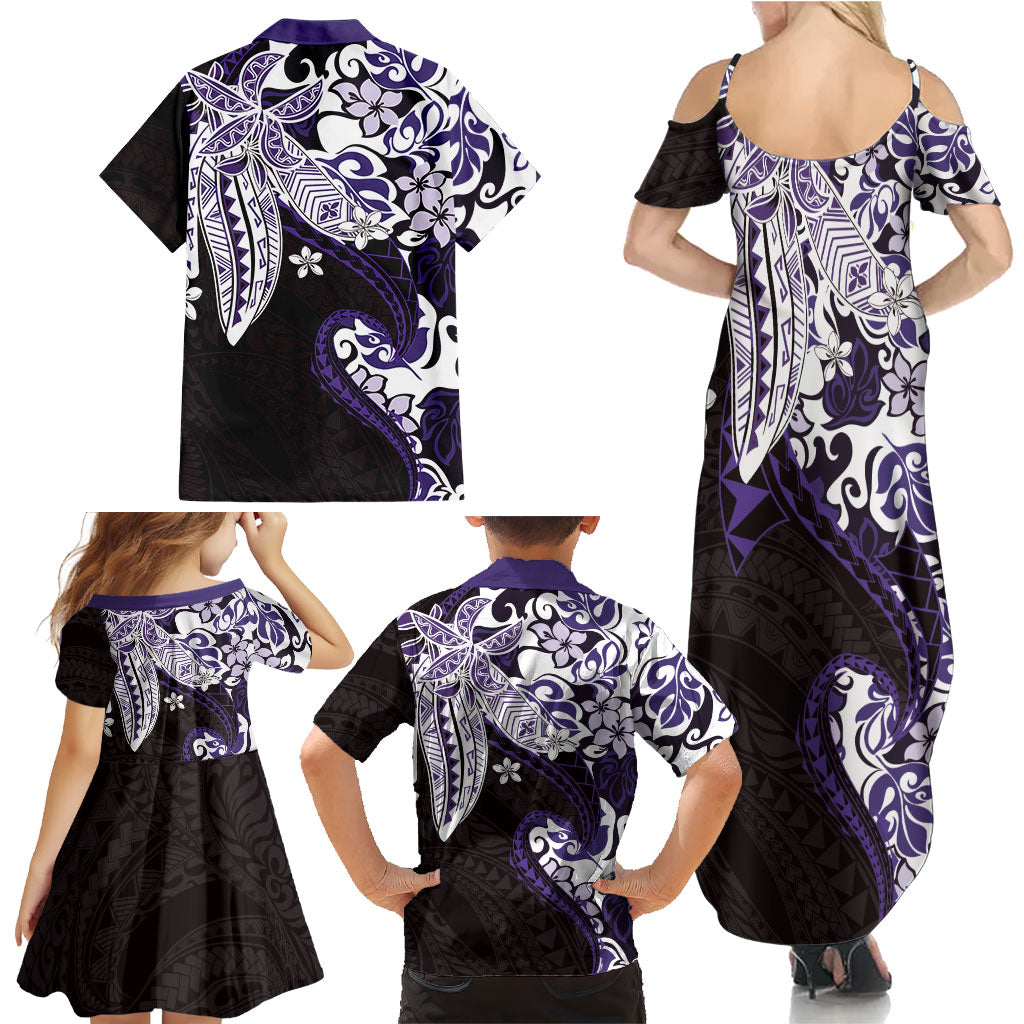 Monstera Plumeria Flowers Purple Family Matching Summer Maxi Dress and Hawaiian Shirt Polynesian Pattern
