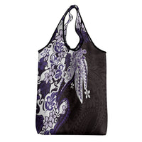 Monstera Plumeria Flowers Purple Grocery Bag Polynesian Pattern