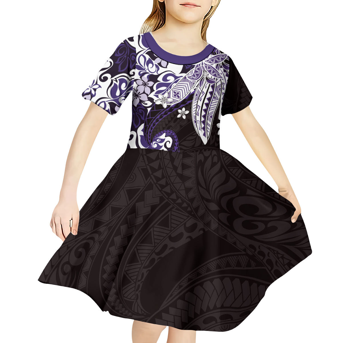 Monstera Plumeria Flowers Purple Kid Short Sleeve Dress Polynesian Pattern