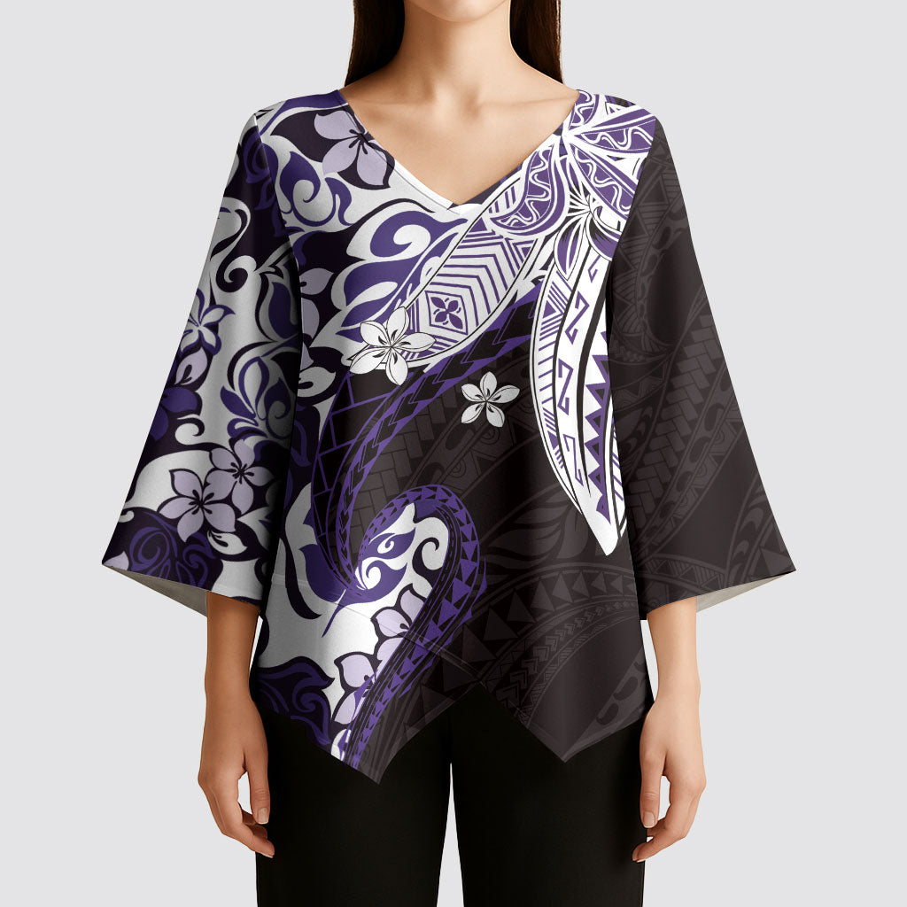 Monstera Plumeria Flowers Purple Kimono Sleeve Blouse Polynesian Pattern