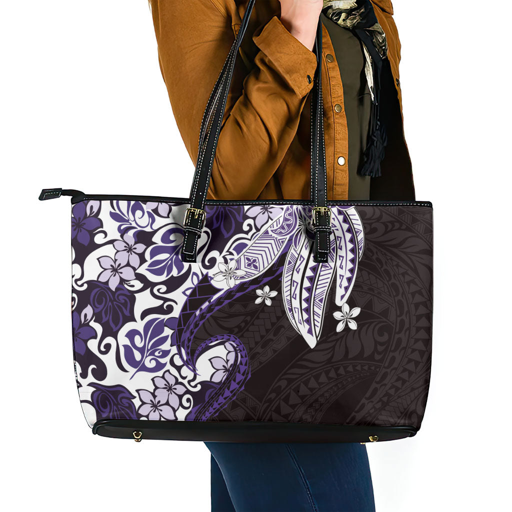 Monstera Plumeria Flowers Purple Leather Tote Bag Polynesian Pattern