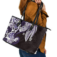 Monstera Plumeria Flowers Purple Leather Tote Bag Polynesian Pattern