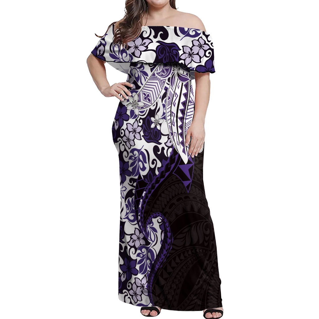 Monstera Plumeria Flowers Purple Off Shoulder Maxi Dress Polynesian Pattern