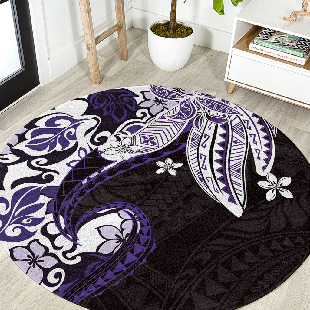 Monstera Plumeria Flowers Purple Round Carpet Polynesian Pattern