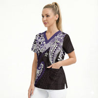 Monstera Plumeria Flowers Purple Scrub Top Polynesian Pattern