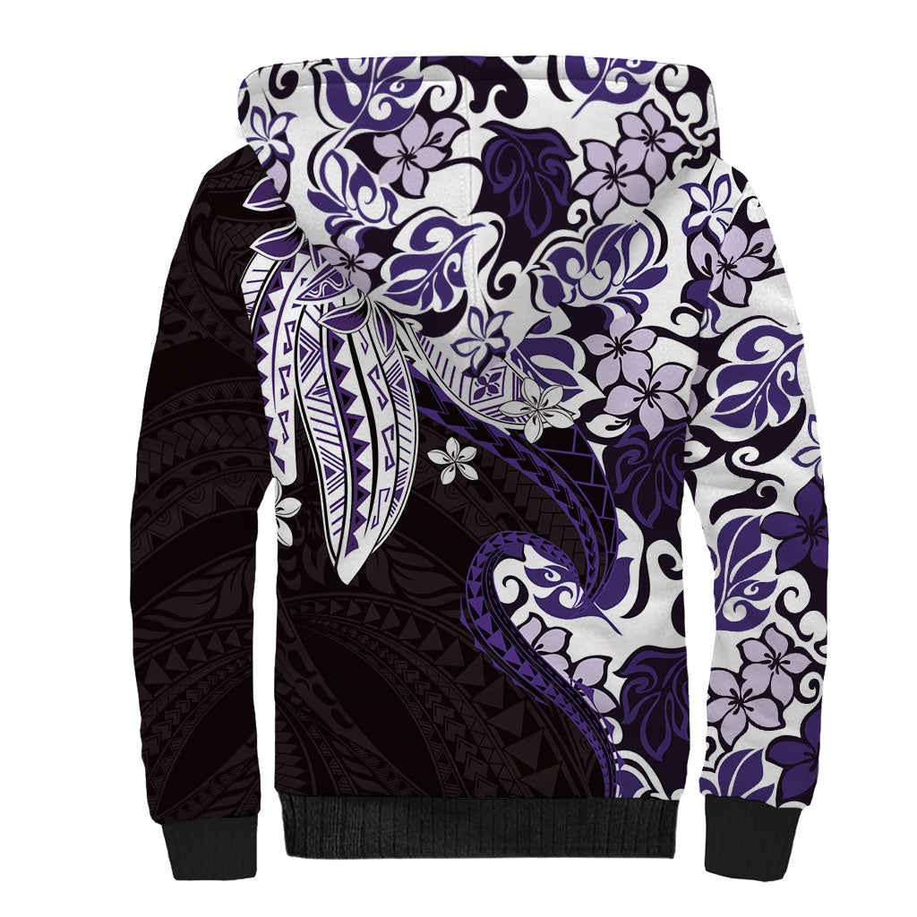 Monstera Plumeria Flowers Purple Sherpa Hoodie Polynesian Pattern