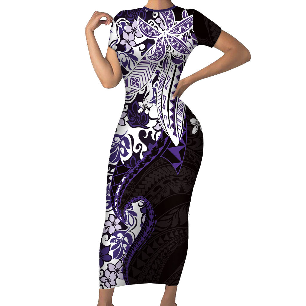 Monstera Plumeria Flowers Purple Short Sleeve Bodycon Dress Polynesian Pattern