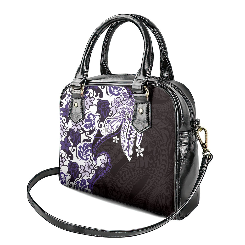 Monstera Plumeria Flowers Purple Shoulder Handbag Polynesian Pattern