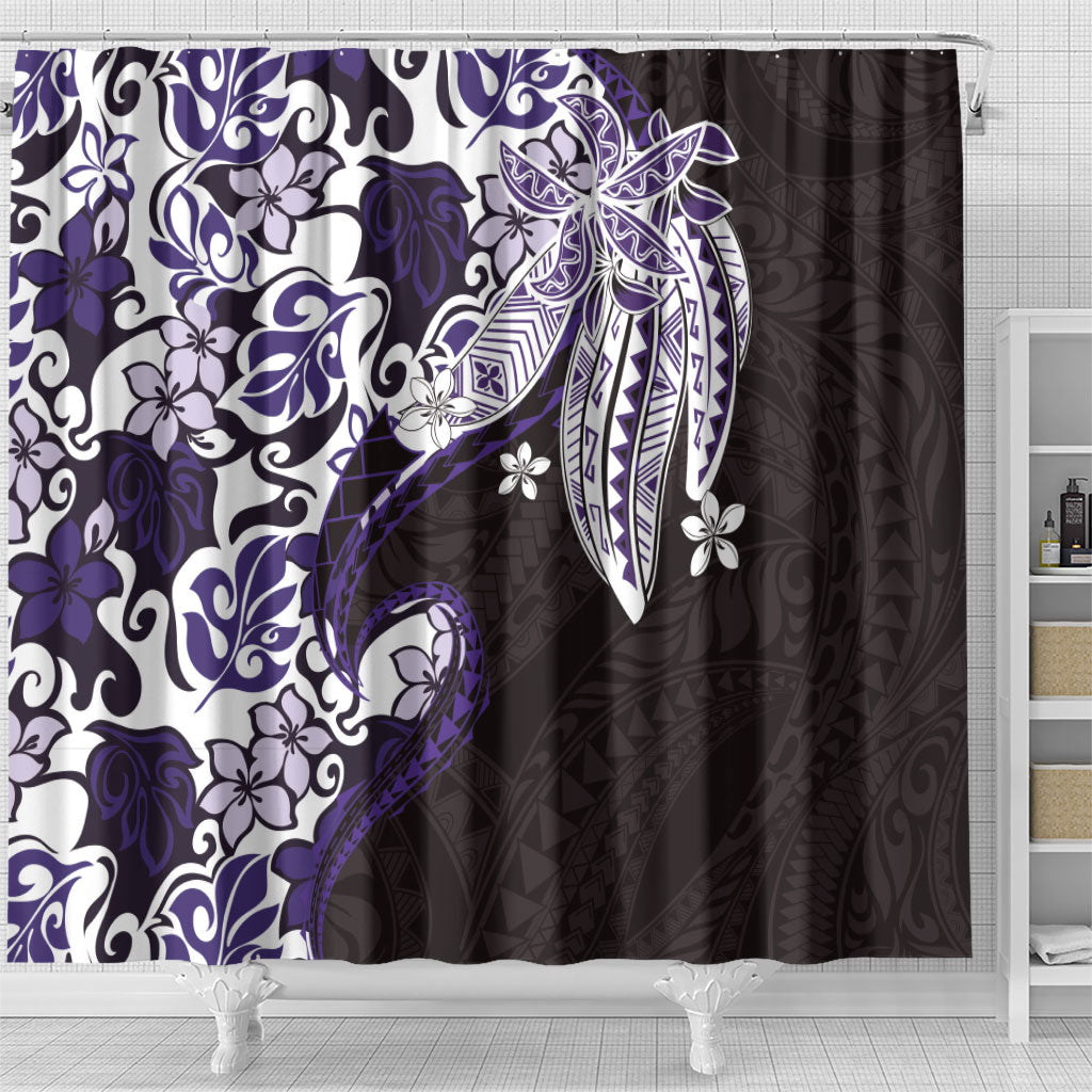 Monstera Plumeria Flowers Purple Shower Curtain Polynesian Pattern
