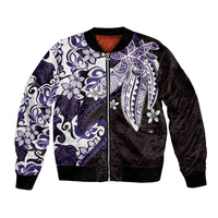 Monstera Plumeria Flowers Purple Sleeve Zip Bomber Jacket Polynesian Pattern