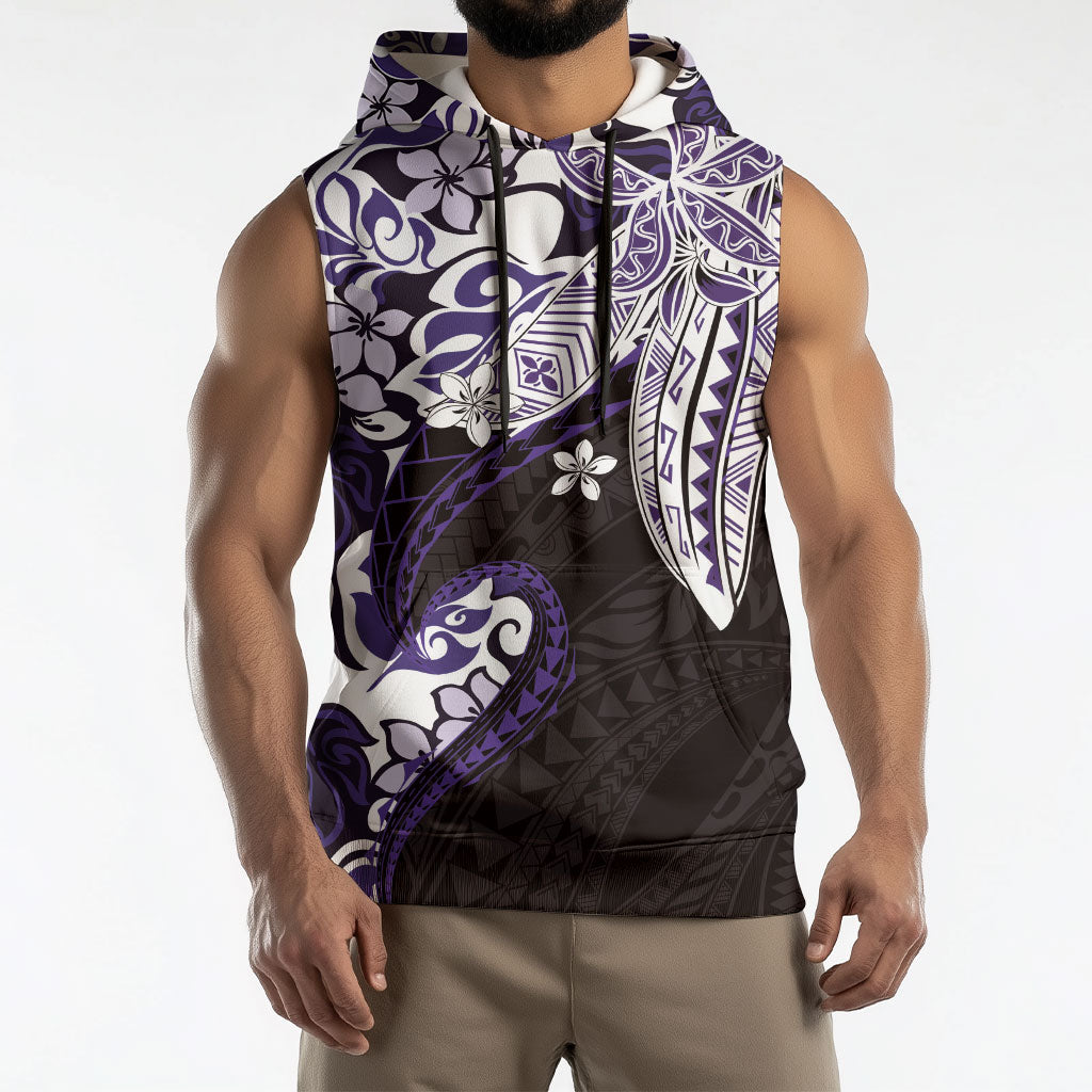 Monstera Plumeria Flowers Purple Sleeveless Hoodie Polynesian Pattern