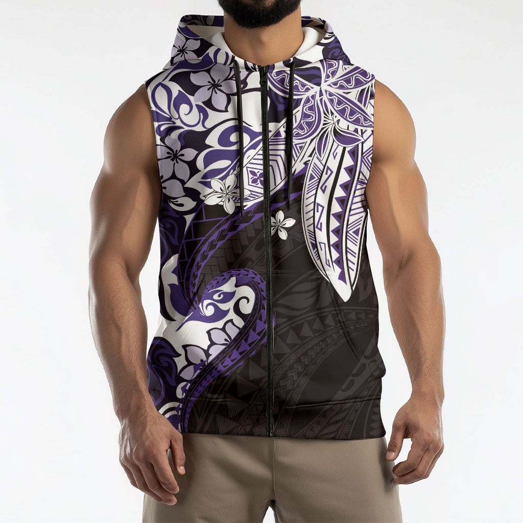 Monstera Plumeria Flowers Purple Sleeveless Zip Hoodie Polynesian Pattern
