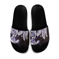 Monstera Plumeria Flowers Purple Slide Sandals Polynesian Pattern