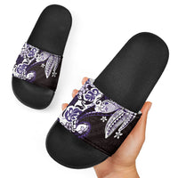 Monstera Plumeria Flowers Purple Slide Sandals Polynesian Pattern