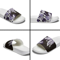 Monstera Plumeria Flowers Purple Slide Sandals Polynesian Pattern