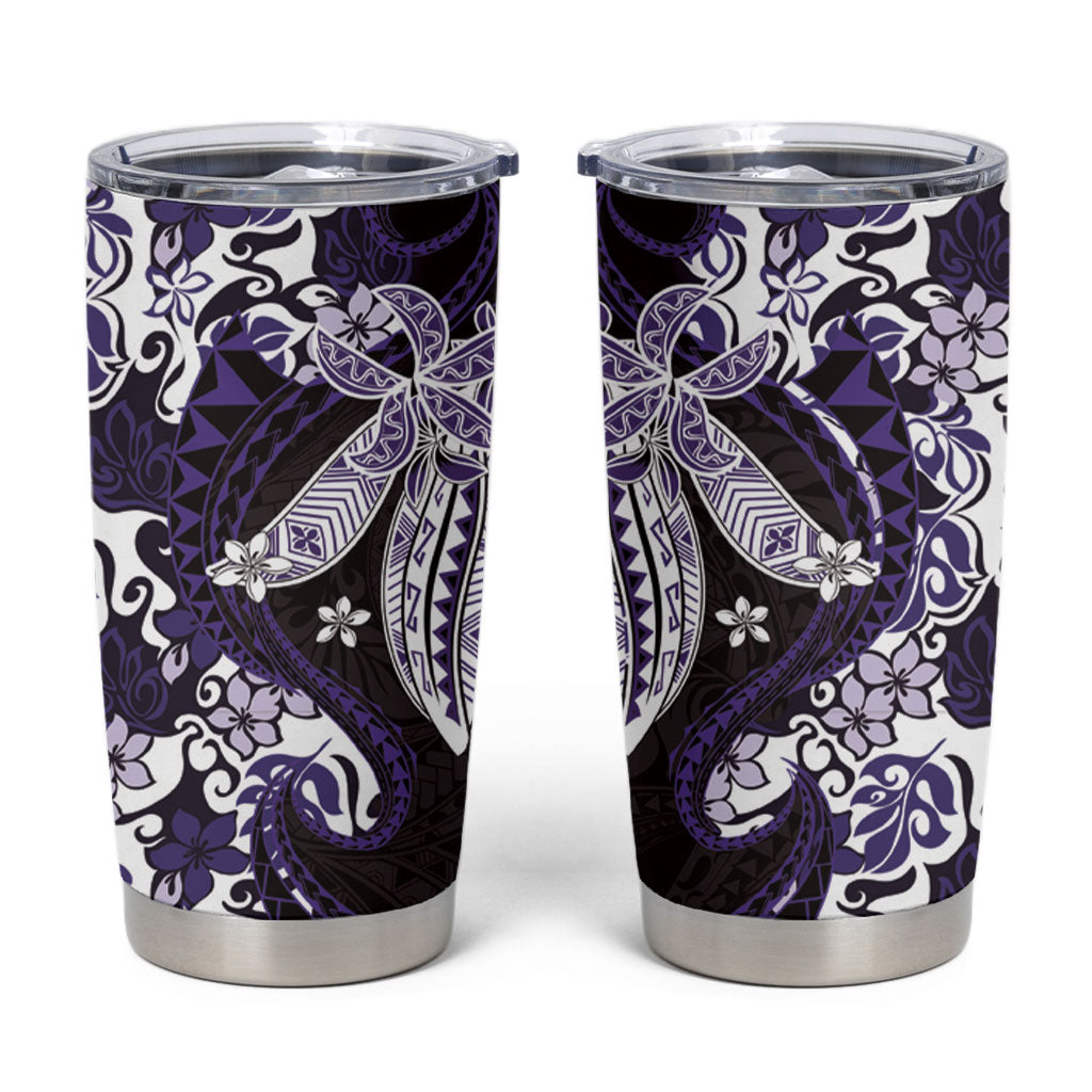 Monstera Plumeria Flowers Purple Tumbler Cup Polynesian Pattern