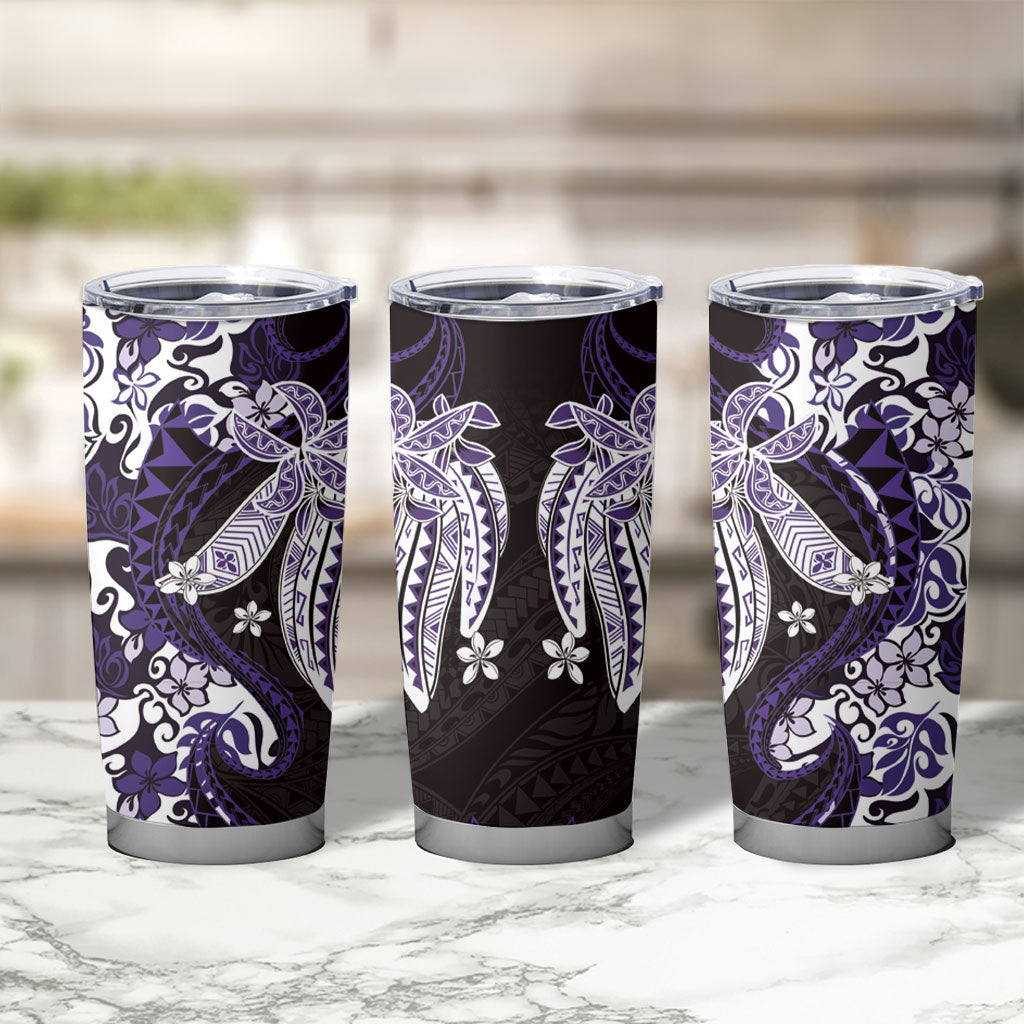 Monstera Plumeria Flowers Purple Tumbler Cup Polynesian Pattern