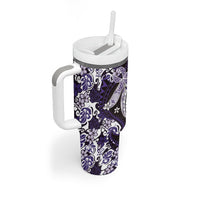 Monstera Plumeria Flowers Purple Tumbler With Handle Polynesian Pattern