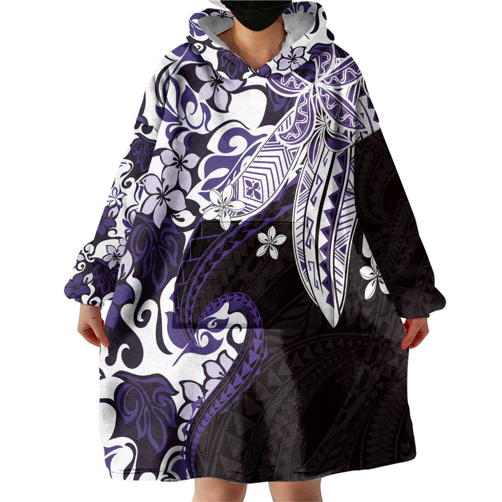 Monstera Plumeria Flowers Purple Wearable Blanket Hoodie Polynesian Pattern