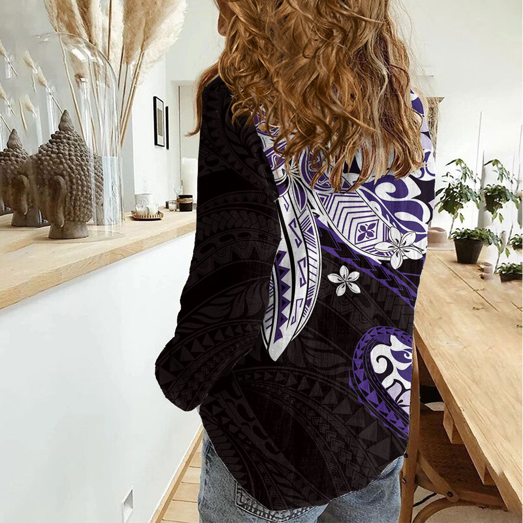 Monstera Plumeria Flowers Purple Women Casual Shirt Polynesian Pattern