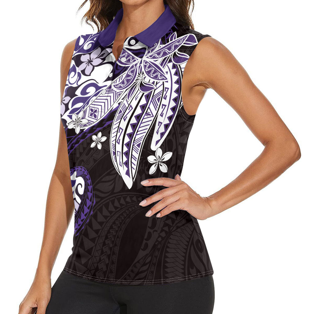 Monstera Plumeria Flowers Purple Women Sleeveless Polo Shirt Polynesian Pattern