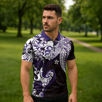 Monstera Plumeria Flowers Purple Zipper Polo Shirt Polynesian Pattern