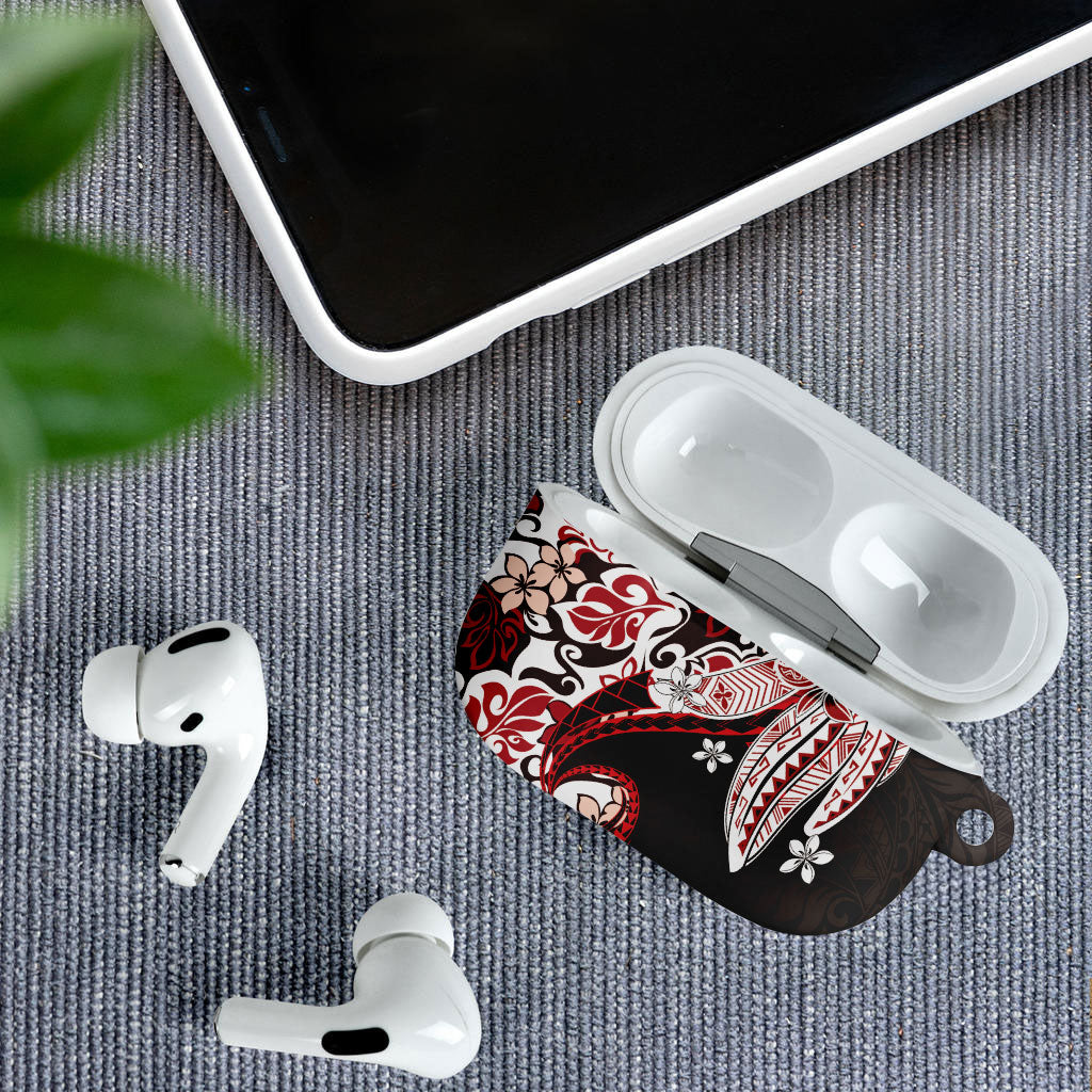 Monstera Plumeria Flowers Red AirPods Case Polynesian Pattern