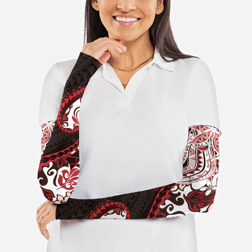 Monstera Plumeria Flowers Red Arm Sleeves Polynesian Pattern