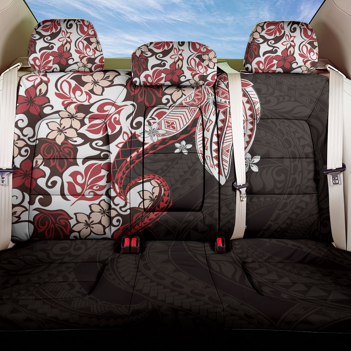 Monstera Plumeria Flowers Red Back Car Seat Cover Polynesian Pattern