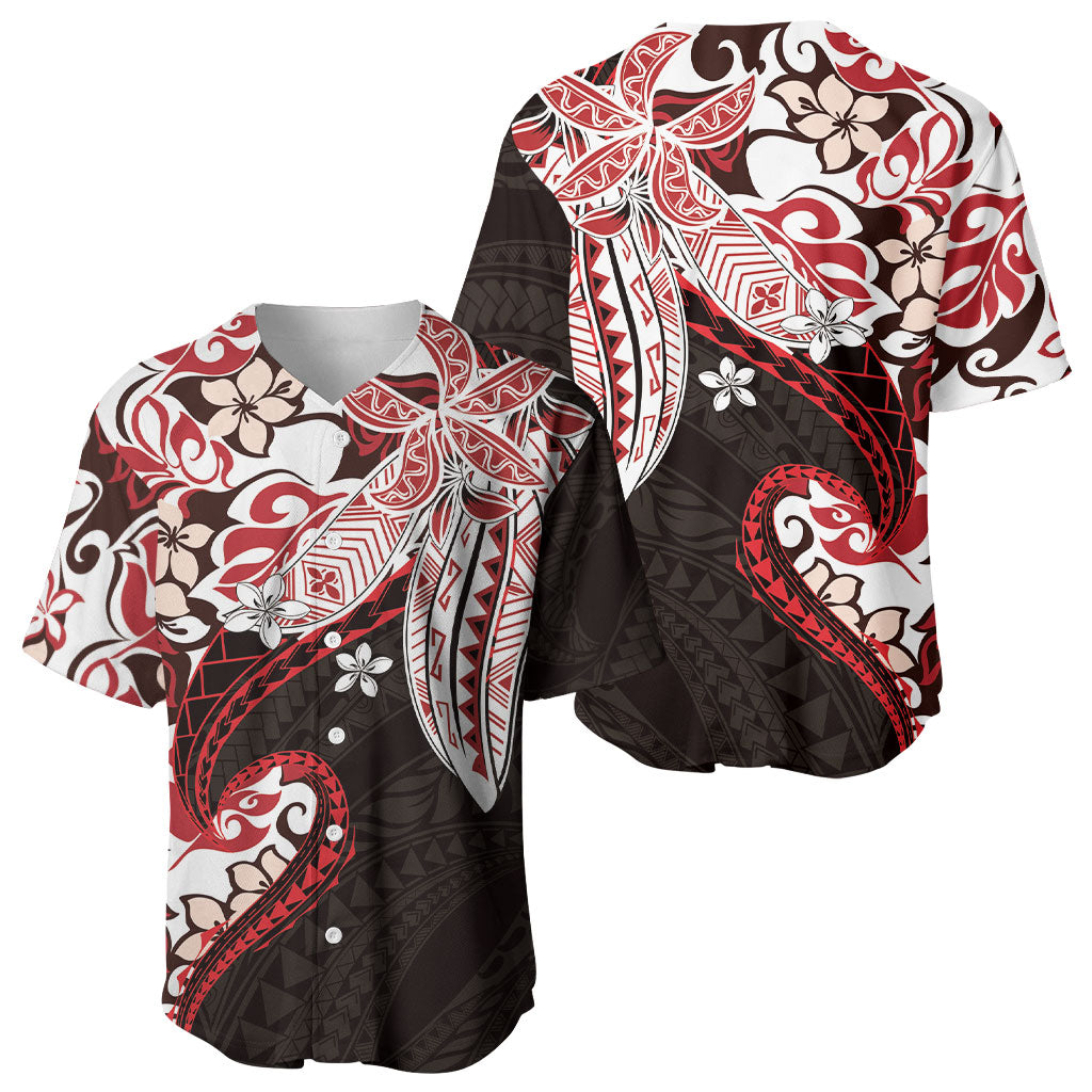 Monstera Plumeria Flowers Red Baseball Jersey Polynesian Pattern